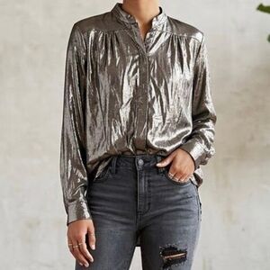 Tfnc LF NWT silver snap button down blouse size medium metallic long sleeve
